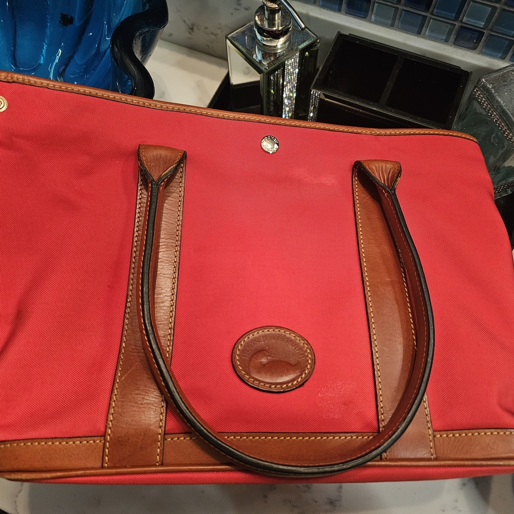 Dooney & Bourke Red Nylon Discontinued Layla Jumbo Tote with Brown Leather Trim